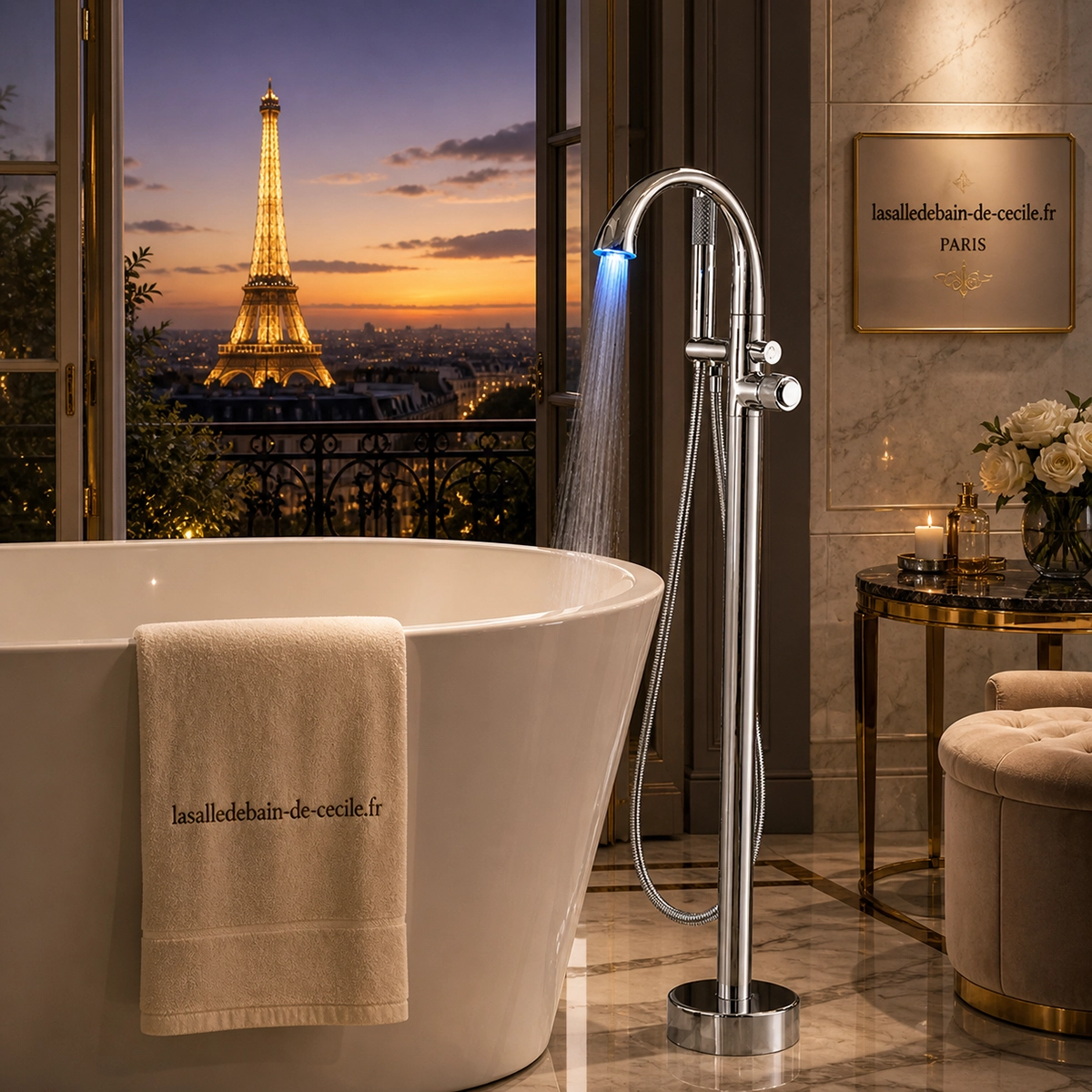 Détail mitigeur baignoire sur pied LED chrome Alost